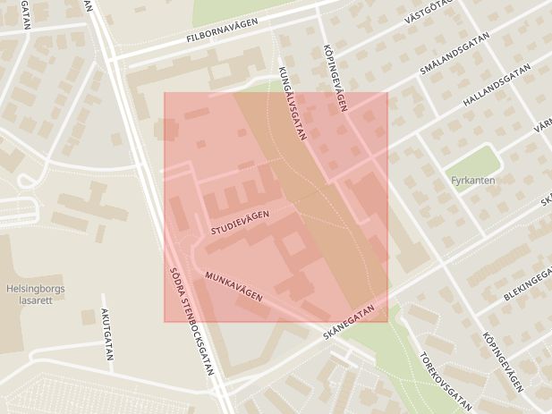 Karta som med röd fyrkant ramar in Studievägen, Helsingborg, Skåne län