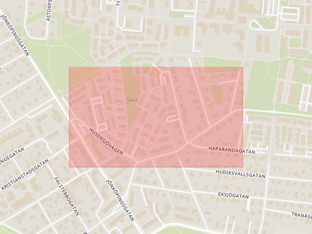 Karta som med röd fyrkant ramar in Husensjövägen, Helsingborg, Skåne län