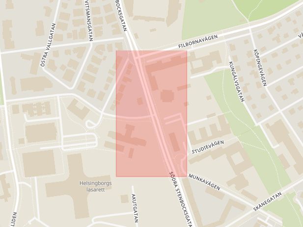 Karta som med röd fyrkant ramar in Södra Vallgatan, Södra Stenbocksgatan, Helsingborg, Skåne län