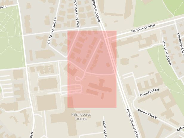 Karta som med röd fyrkant ramar in Södra Vallgatan, Helsingborg, Skåne län