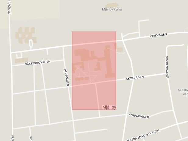 Karta som med röd fyrkant ramar in Mjällby Skola, Sölvesborg, Blekinge län