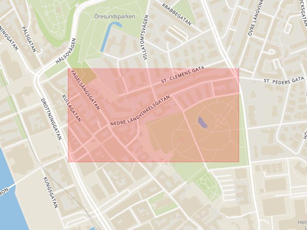 Karta som med röd fyrkant ramar in Nedre Långvinkelsgatan, Helsingborg, Skåne län