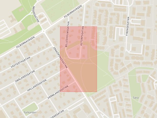 Karta som med röd fyrkant ramar in Jönköpingsgatan, Bjuvsgatan, Åstorpsgatan, Filbornavägen, Skånegatan, Helsingborg, Skåne län