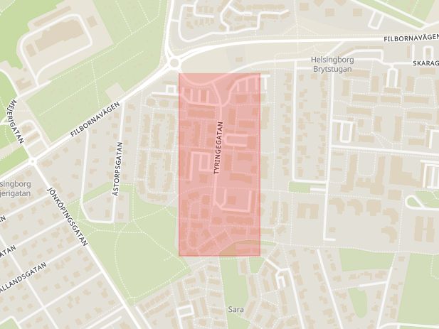 Karta som med röd fyrkant ramar in Tyringegatan, Rosengården, Helsingborg, Skåne län
