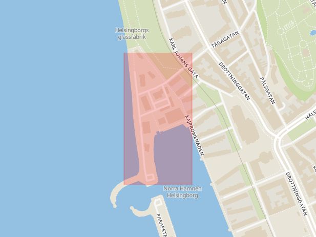 Karta som med röd fyrkant ramar in Båthusgatan, Helsingborg, Skåne län
