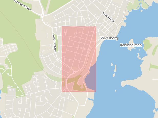 Karta som med röd fyrkant ramar in Järnvägsgatan, Sölvesborg, Blekinge län