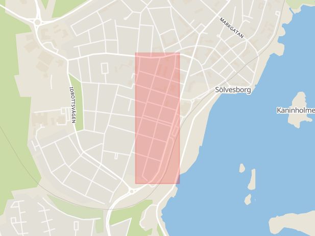 Karta som med röd fyrkant ramar in Nygatan, Sölvesborg, Blekinge län