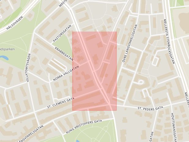 Karta som med röd fyrkant ramar in Kopparmöllegatan, Rektorsgatan, Helsingborg, Skåne län