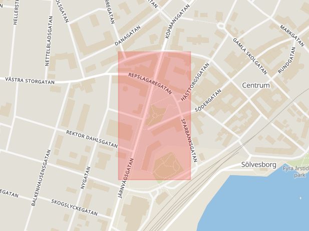 Karta som med röd fyrkant ramar in Hästtorget, Sölvesborg, Blekinge län