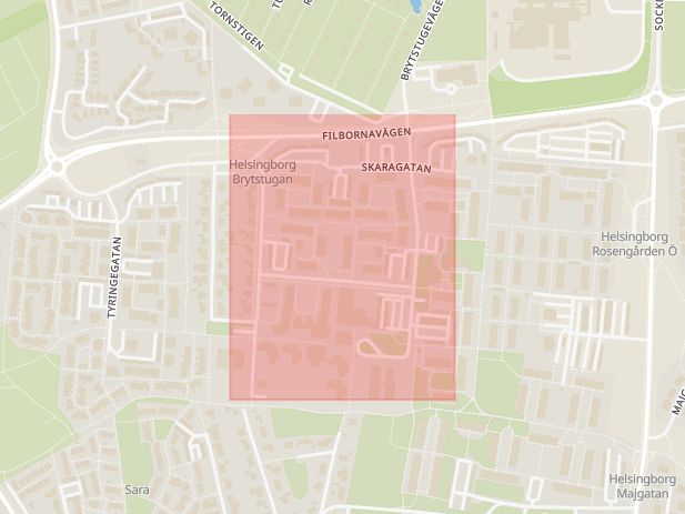Karta som med röd fyrkant ramar in Rosengården, Skaragatan, Helsingborg, Skåne län