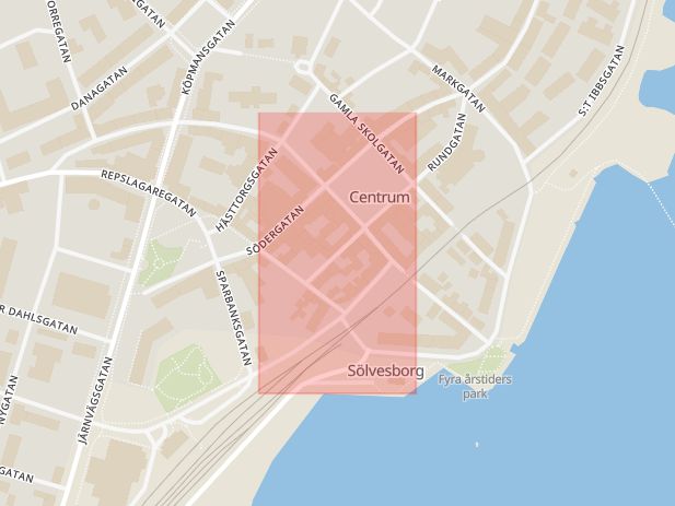 Karta som med röd fyrkant ramar in Lilla Skolgatan, Sölvesborg, Blekinge län