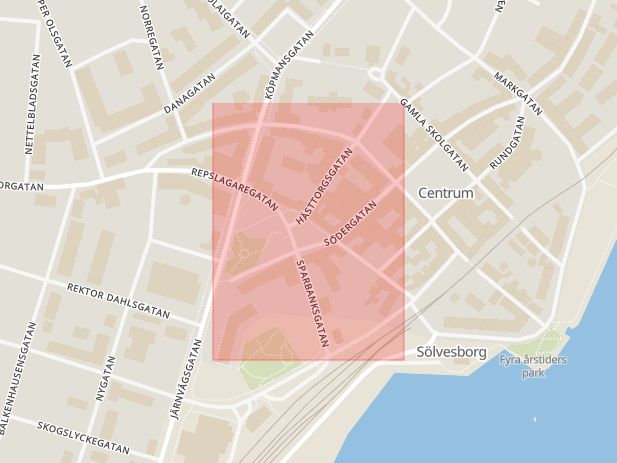 Karta som med röd fyrkant ramar in Södergatan, Sölvesborg, Rundgatan, Karlshamn, Blekinge län