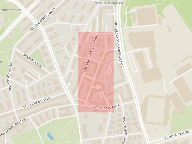 Karta som med röd fyrkant ramar in Hebsackersgatan, Helsingborg, Skåne län