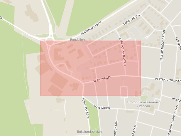 Karta som med röd fyrkant ramar in Skånevägen, Sölvesborg, Blekinge län
