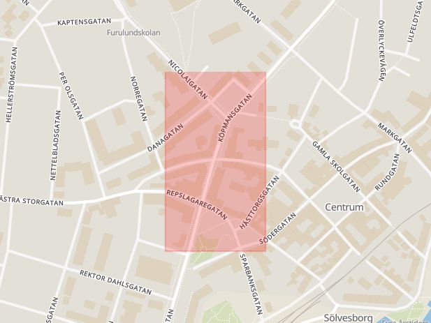 Karta som med röd fyrkant ramar in Köpmansgatan, Sölvesborg, Blekinge län