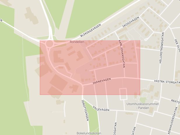 Karta som med röd fyrkant ramar in Skånevägen, Sölvesborg, Blekinge län