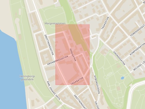 Karta som med röd fyrkant ramar in Persgatan, Helsingborg, Skåne län
