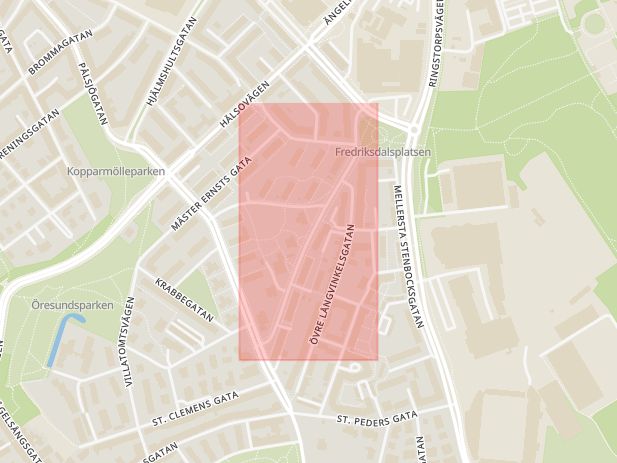 Karta som med röd fyrkant ramar in Rektorsgatan, Helsingborg, Skåne län