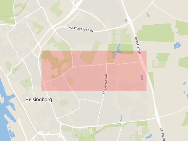 Karta som med röd fyrkant ramar in Filbornavägen, Lägervägen, Helsingborg, Skåne län