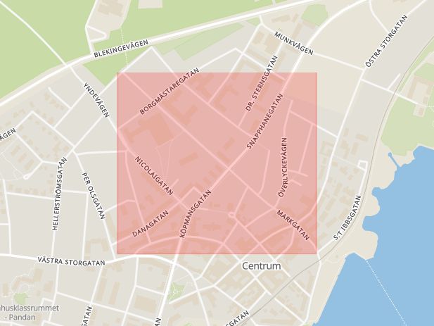 Karta som med röd fyrkant ramar in Markgatan, Sölvesborg, Blekinge län