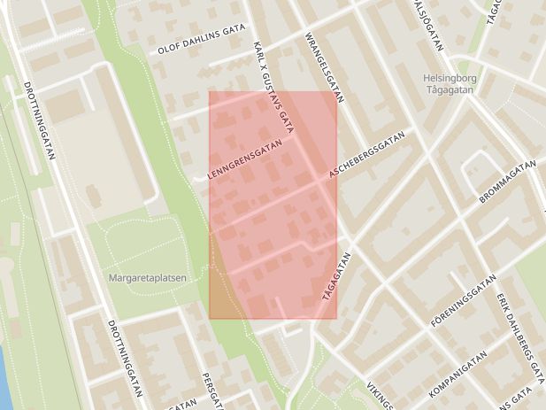 Karta som med röd fyrkant ramar in Stagneliusgatan, Helsingborg, Skåne län