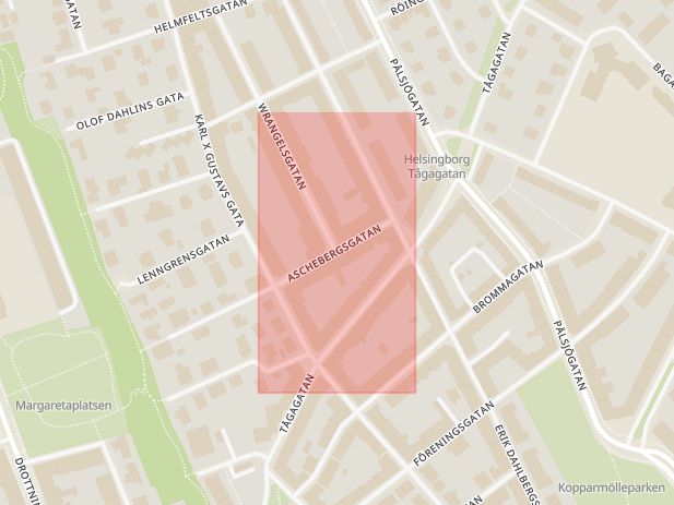Karta som med röd fyrkant ramar in Aschebergsgatan, Helsingborg, Skåne län