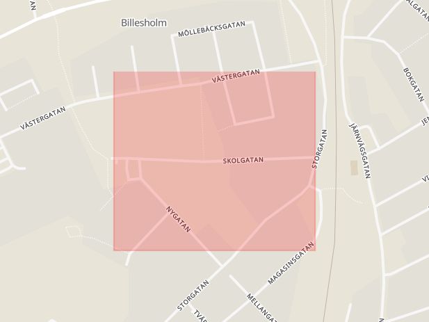 Karta som med röd fyrkant ramar in Skolgatan, Billesholm, Bjuv, Skåne län