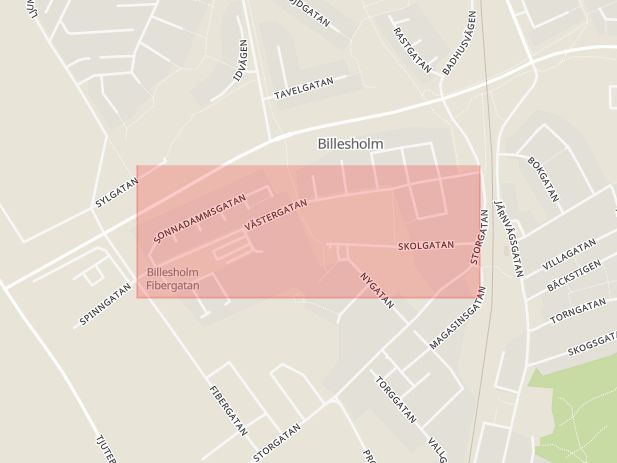 Karta som med röd fyrkant ramar in Billesholm, Västergatan, Bjuv, Skåne län