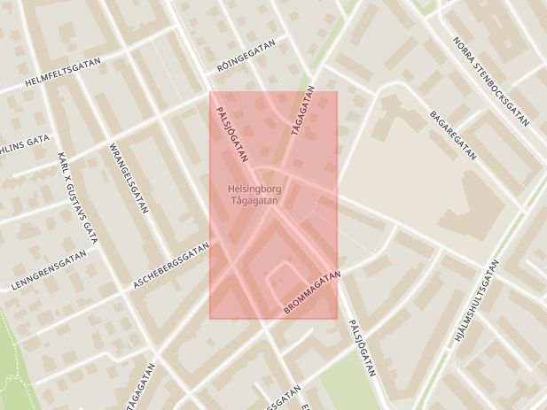 Karta som med röd fyrkant ramar in Pålsjögatan, Tågagatan, Helsingborg, Skåne län