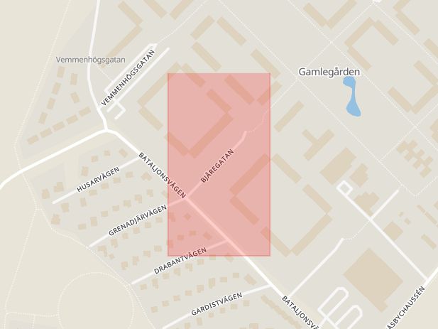 Karta som med röd fyrkant ramar in Näsby, Bjäregatan, Kristianstad, Skåne län