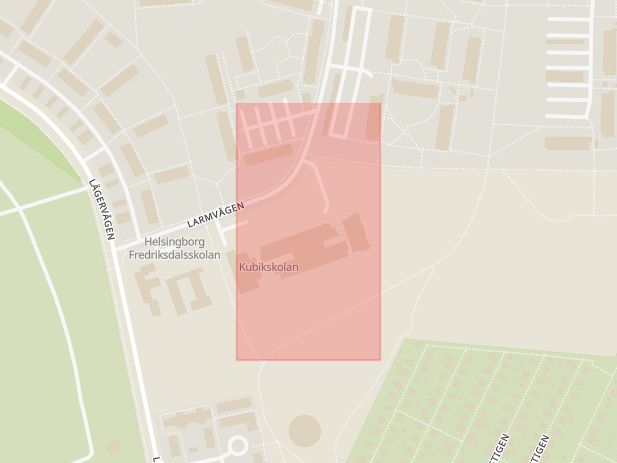 Karta som med röd fyrkant ramar in Fredriksdal, Larmvägen, Helsingborg, Skåne län