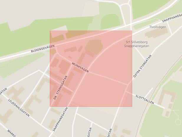 Karta som med röd fyrkant ramar in Munkvägen, Sölvesborg, Blekinge län