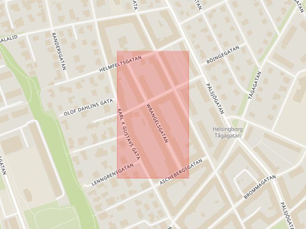 Karta som med röd fyrkant ramar in Wrangelsgatan, Helsingborg, Skåne län