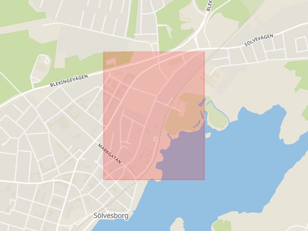 Karta som med röd fyrkant ramar in Östra Storgatan, Sölvesborg, Blekinge län