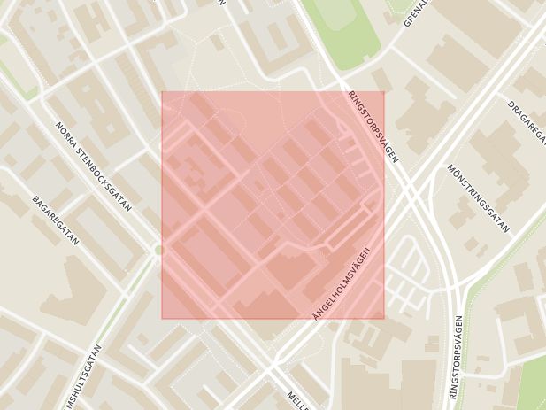 Karta som med röd fyrkant ramar in Grubbagatan, Norra Stenbocksgatan, Helsingborg, Skåne län