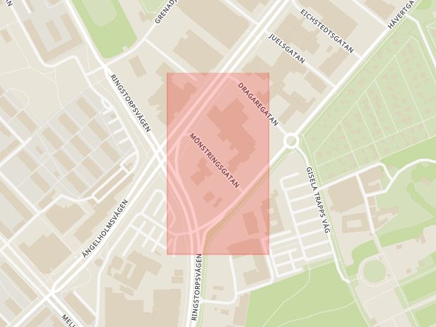 Karta som med röd fyrkant ramar in Mönstringsgatan, Helsingborg, Skåne län