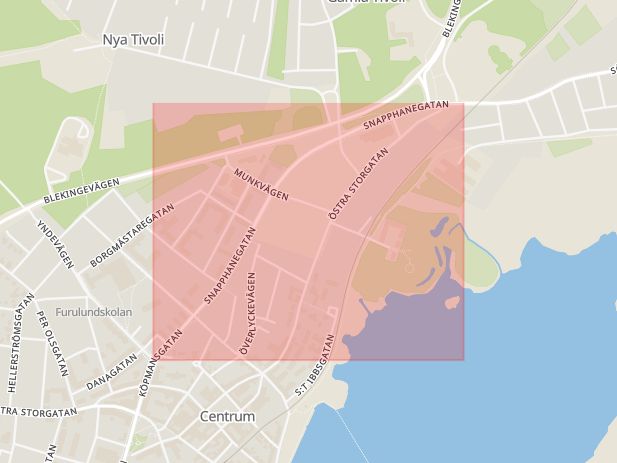 Karta som med röd fyrkant ramar in Markgatan, Snapphanegatan, Sölvesborg, Blekinge län