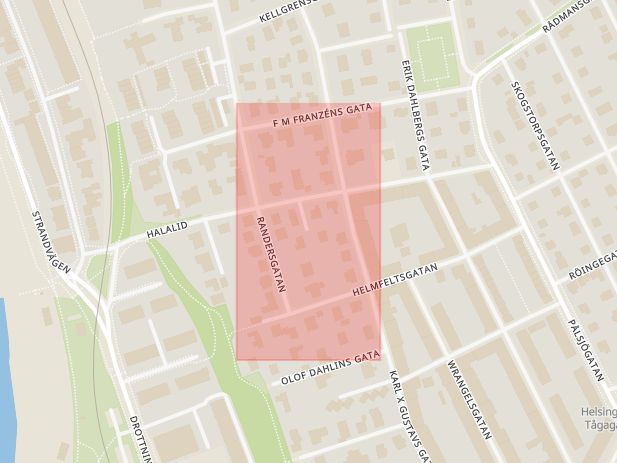 Karta som med röd fyrkant ramar in Helsingborg, Skåne, Uppsala, Skåne län