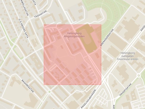 Karta som med röd fyrkant ramar in Stattena, Rosenbergsgatan, Helsingborg, Skåne län