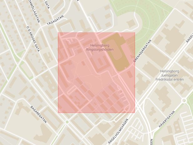 Karta som med röd fyrkant ramar in Rosenbergsgatan, Helsingborg, Skåne län