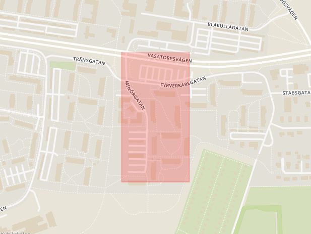 Karta som med röd fyrkant ramar in Minörgatan, Helsingborg, Skåne län
