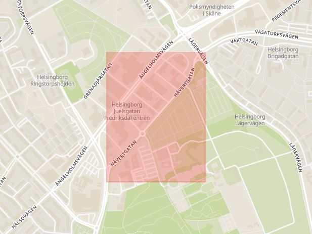 Karta som med röd fyrkant ramar in Hävertgatan, Helsingborg, Skåne län