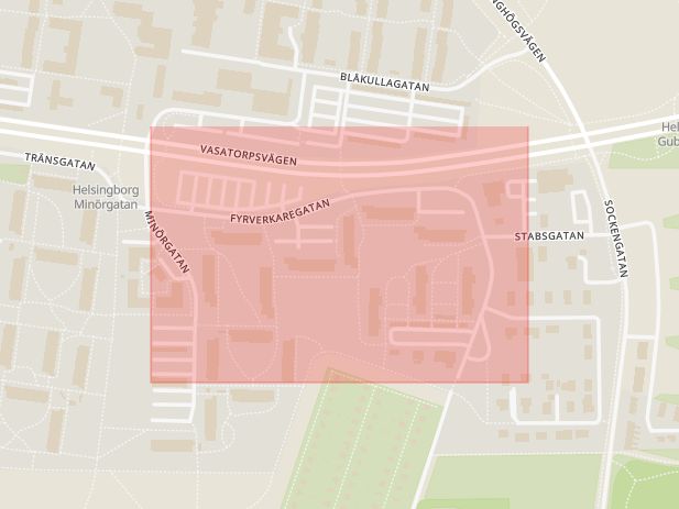 Karta som med röd fyrkant ramar in Fredriksdal, Fyrverkaregatan, Helsingborg, Skåne län