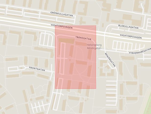 Karta som med röd fyrkant ramar in Tränsgatan, Helsingborg, Skåne län