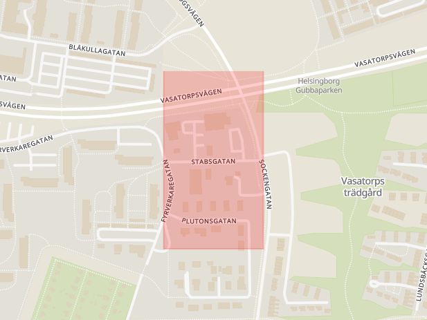 Karta som med röd fyrkant ramar in Stabsgatan, Helsingborg, Skåne län