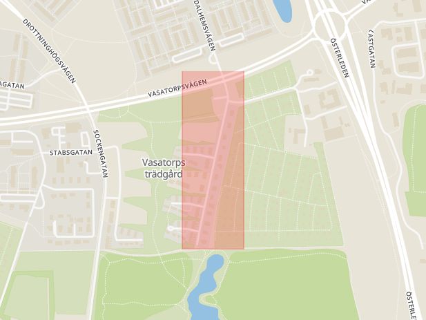 Karta som med röd fyrkant ramar in Lundsbäcksgatan, Helsingborg, Skåne län