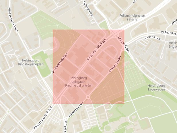 Karta som med röd fyrkant ramar in Ängelholmsvägen, Helsingborg, Skåne län