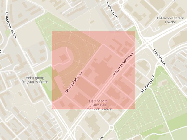 Karta som med röd fyrkant ramar in Grenadjärgatan, Rosenbergsgatan, Helsingborg, Skåne län