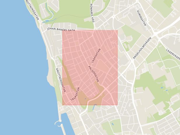 Karta som med röd fyrkant ramar in Tågagatan, Gustavs, Helsingborg, Skåne län