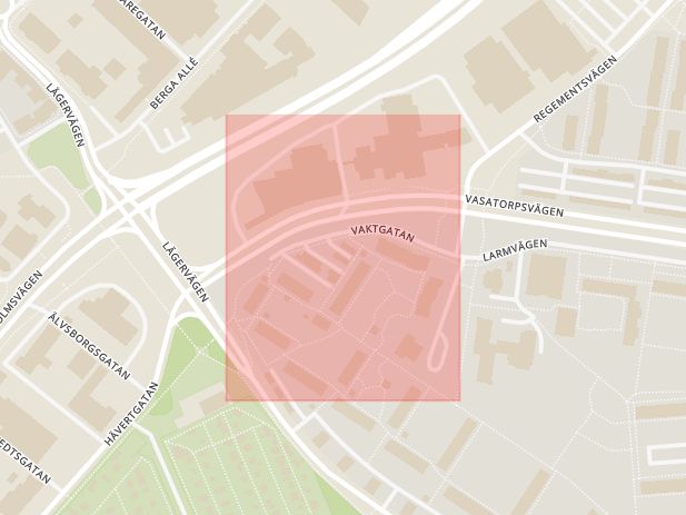 Karta som med röd fyrkant ramar in Vaktgatan, Helsingborg, Skåne län